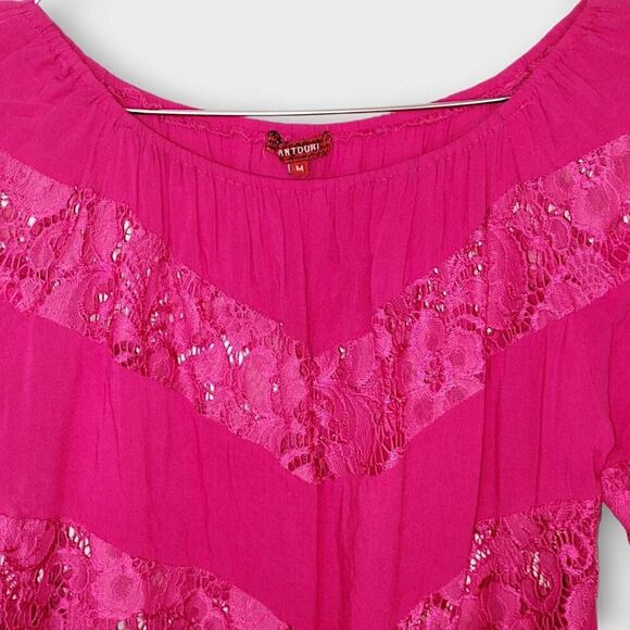 Santdori Womens Top Sz Medium Hot Pink Rayon Lace Peasant Blouse Cottagecore Boh - Picture 3 of 10